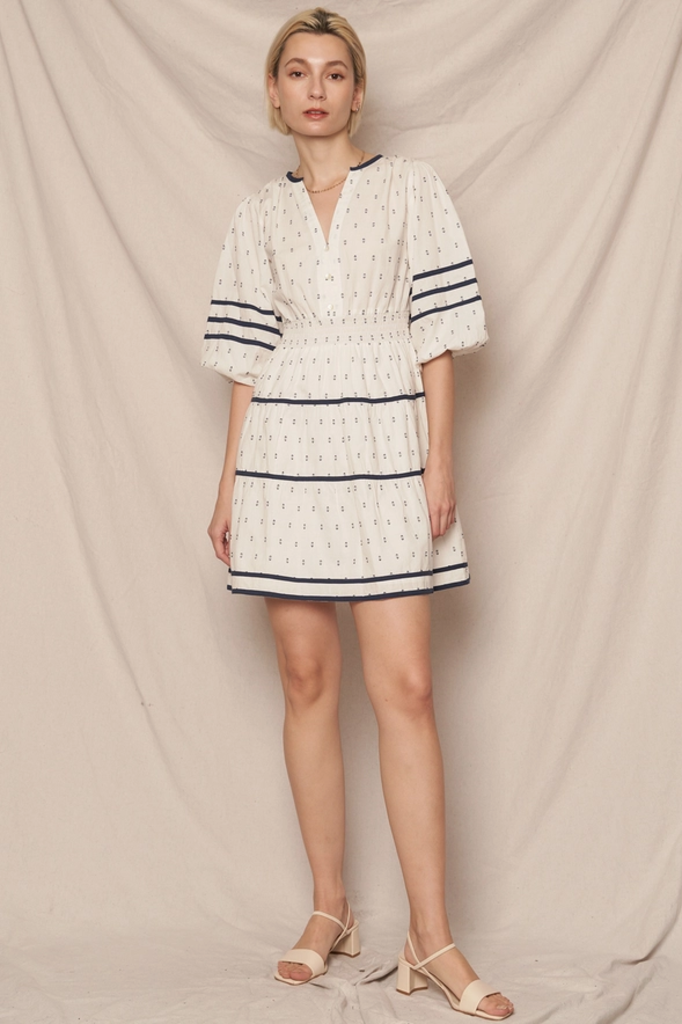 En Creme 3/4 Sleeve V-Neck Tiered Mini Dress