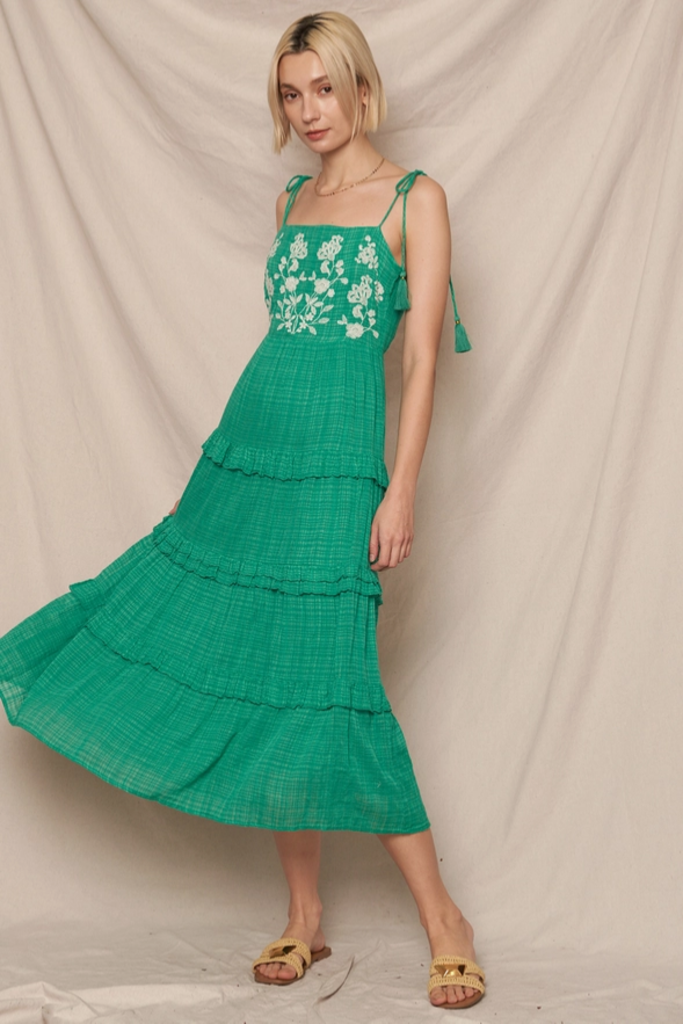 En Creme Tie Shoulder Embroidered Dress