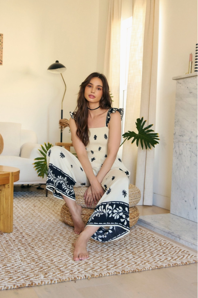 in february Border Printed Smocked Jumpsuit