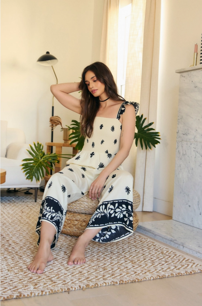 in february Border Printed Smocked Jumpsuit
