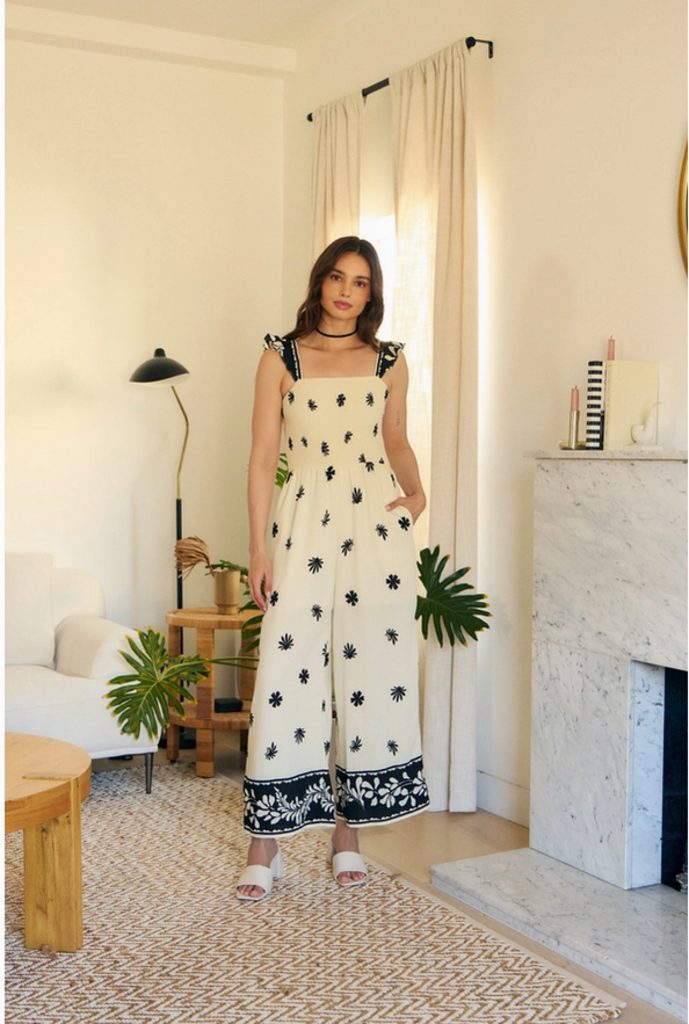 in february Border Printed Smocked Jumpsuit