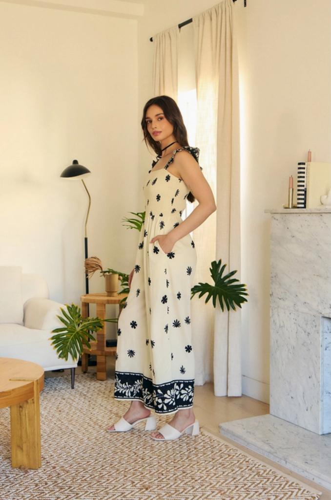 in february Border Printed Smocked Jumpsuit