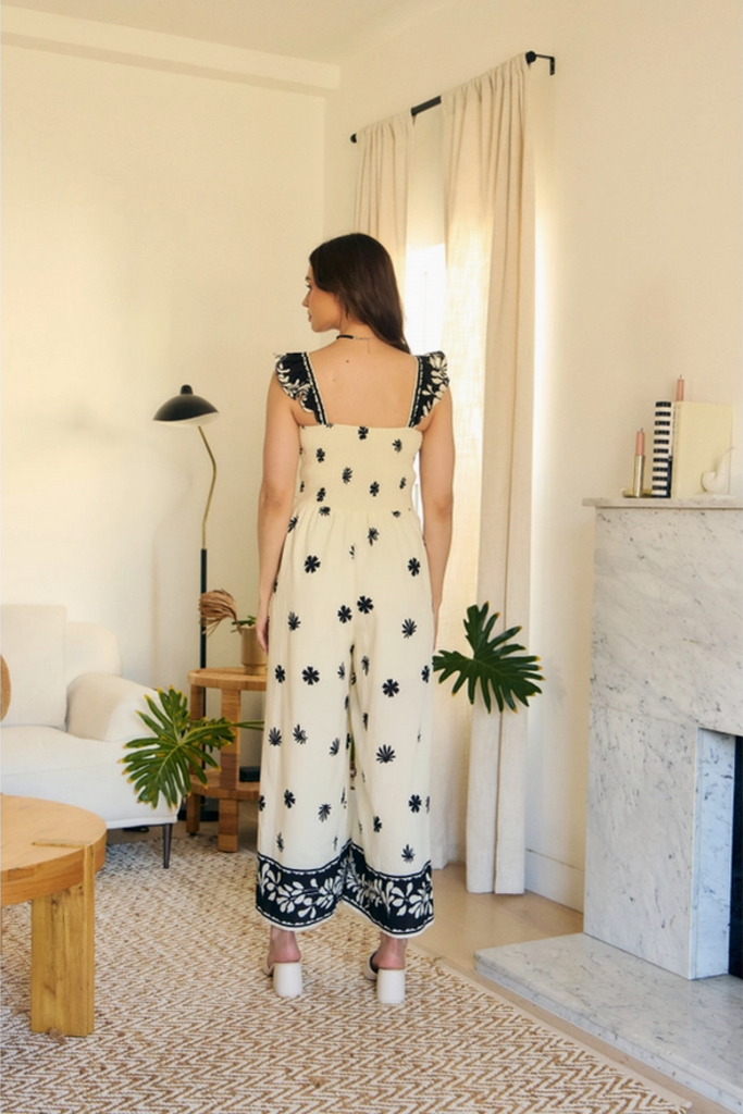 in february Border Printed Smocked Jumpsuit