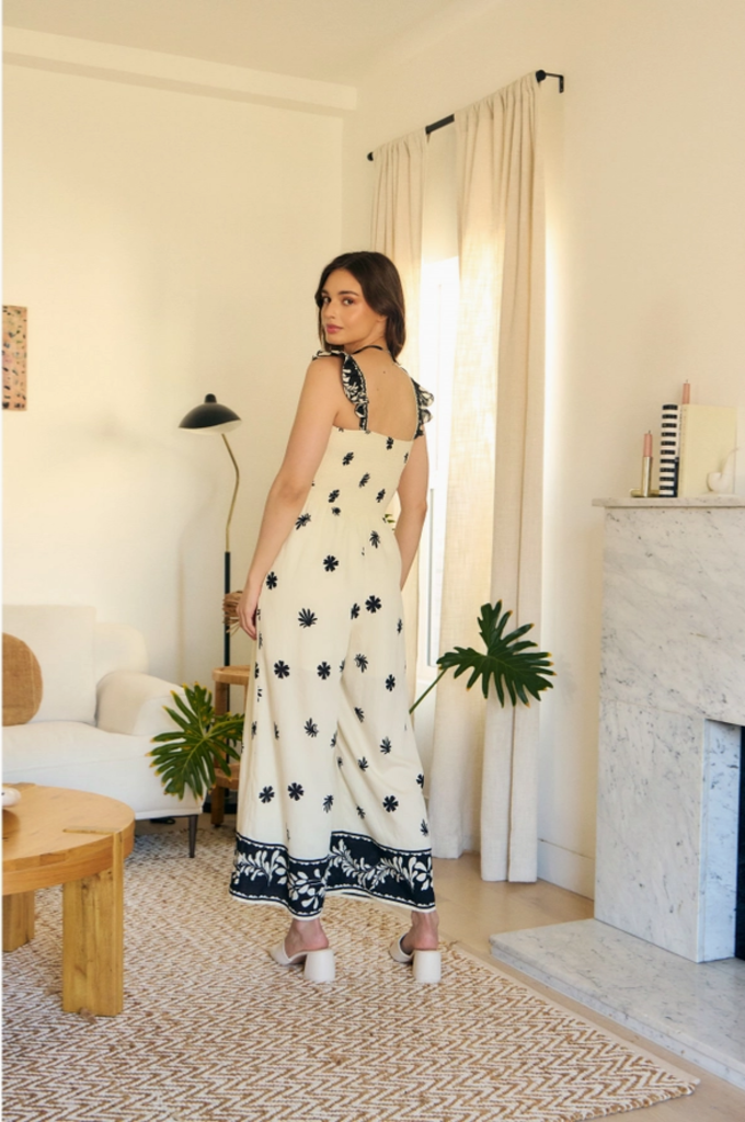 in february Border Printed Smocked Jumpsuit