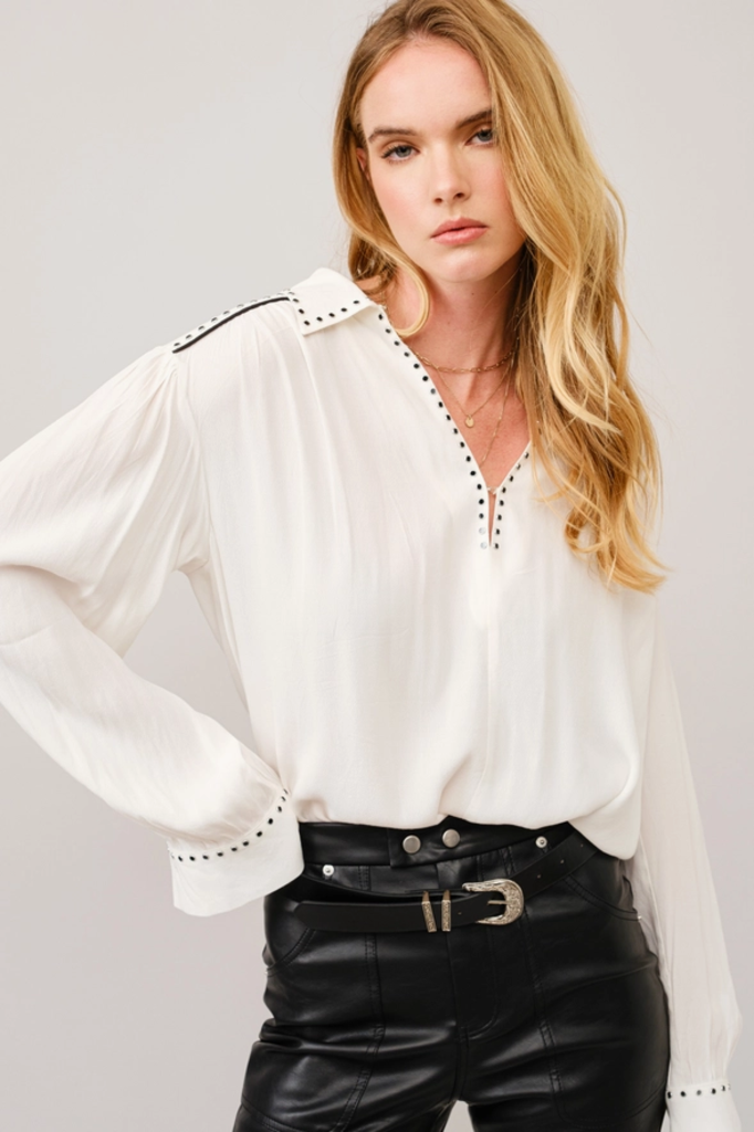 Blue B Studded Contrast Piping Collared Blouse