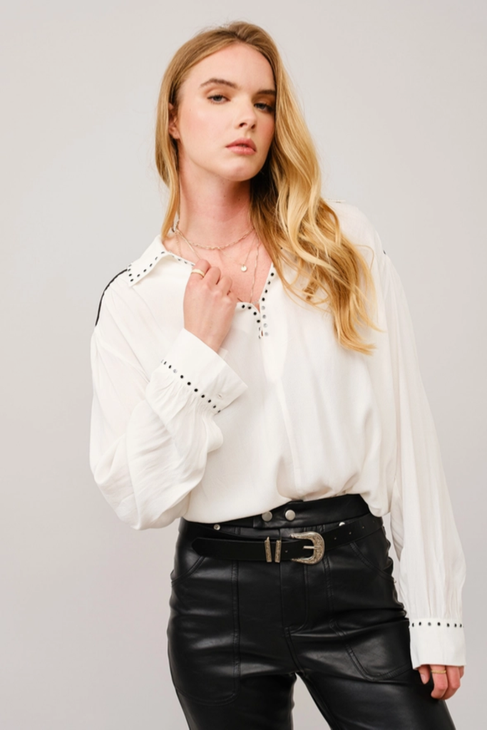 Blue B Studded Contrast Piping Collared Blouse