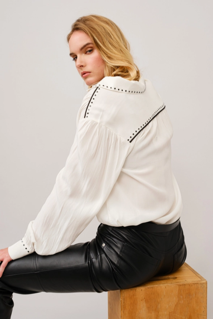 Blue B Studded Contrast Piping Collared Blouse