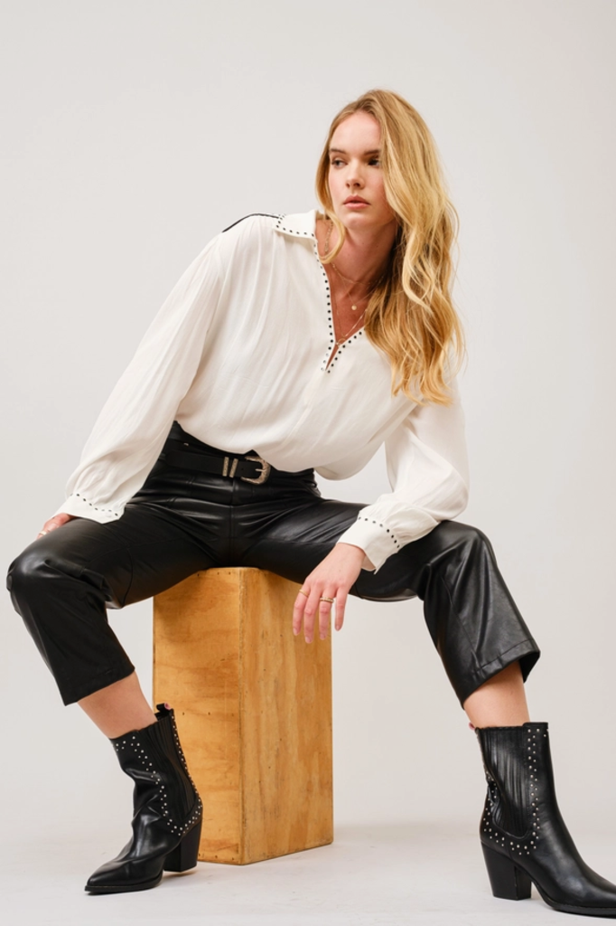 Blue B Studded Contrast Piping Collared Blouse