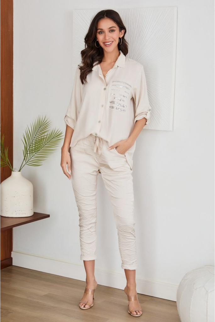 Venti 6 Sequin Front Detail Button Down Shirt