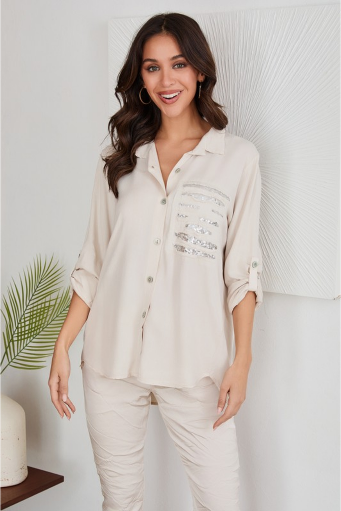 Venti 6 Sequin Front Detail Button Down Shirt