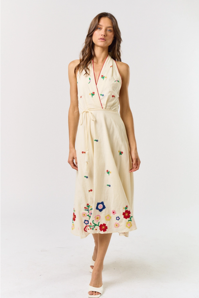 Lalavon Halter Neck Embroidered Midi Dress
