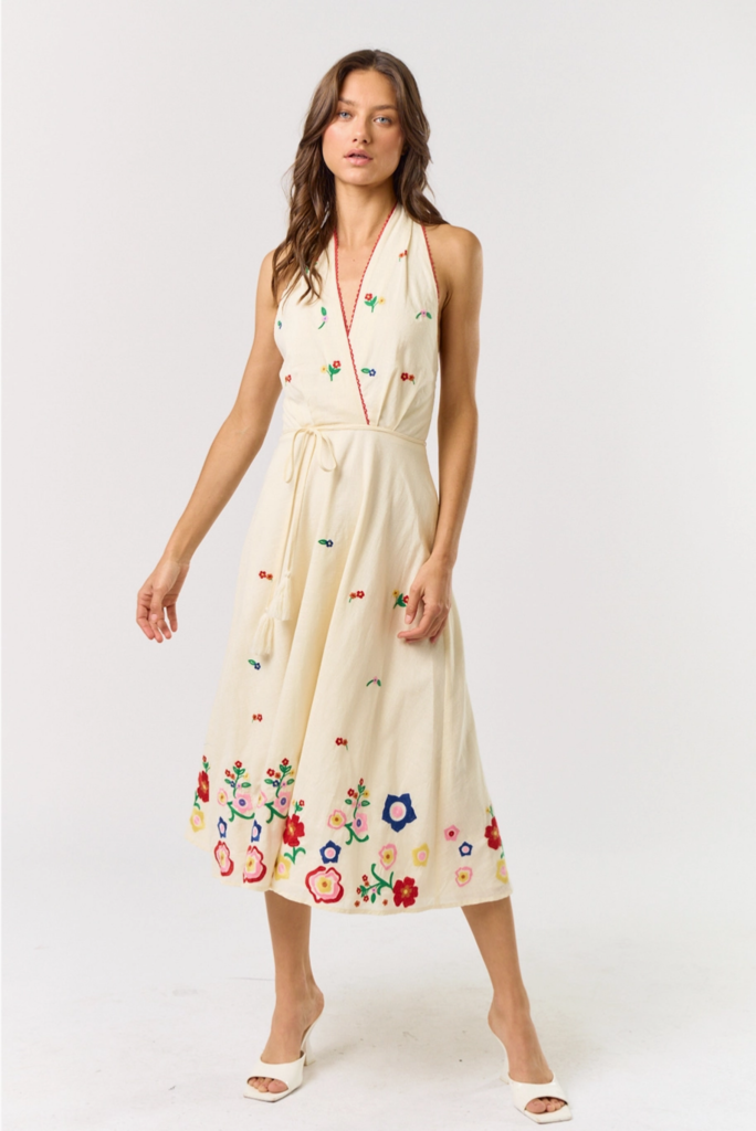 Lalavon Halter Neck Embroidered Midi Dress