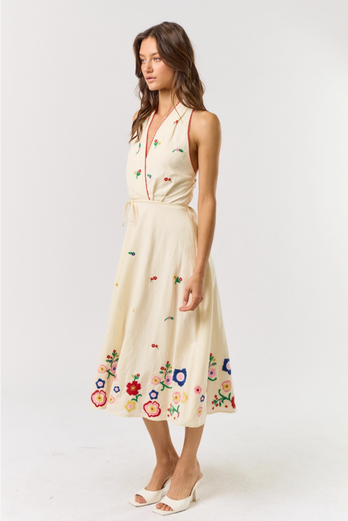 Lalavon Halter Neck Embroidered Midi Dress