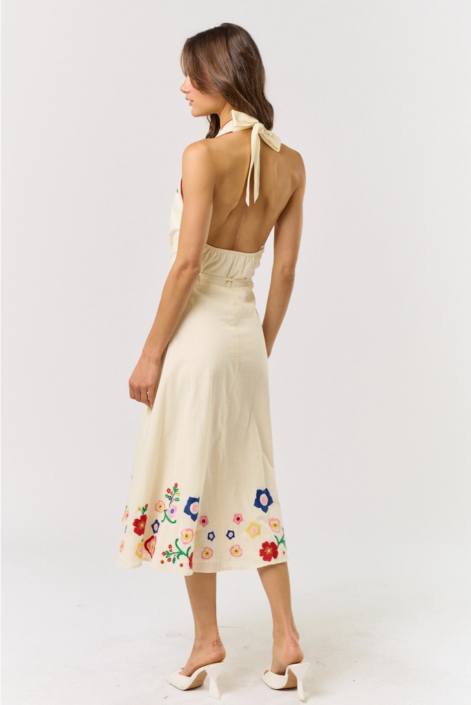 Lalavon Halter Neck Embroidered Midi Dress