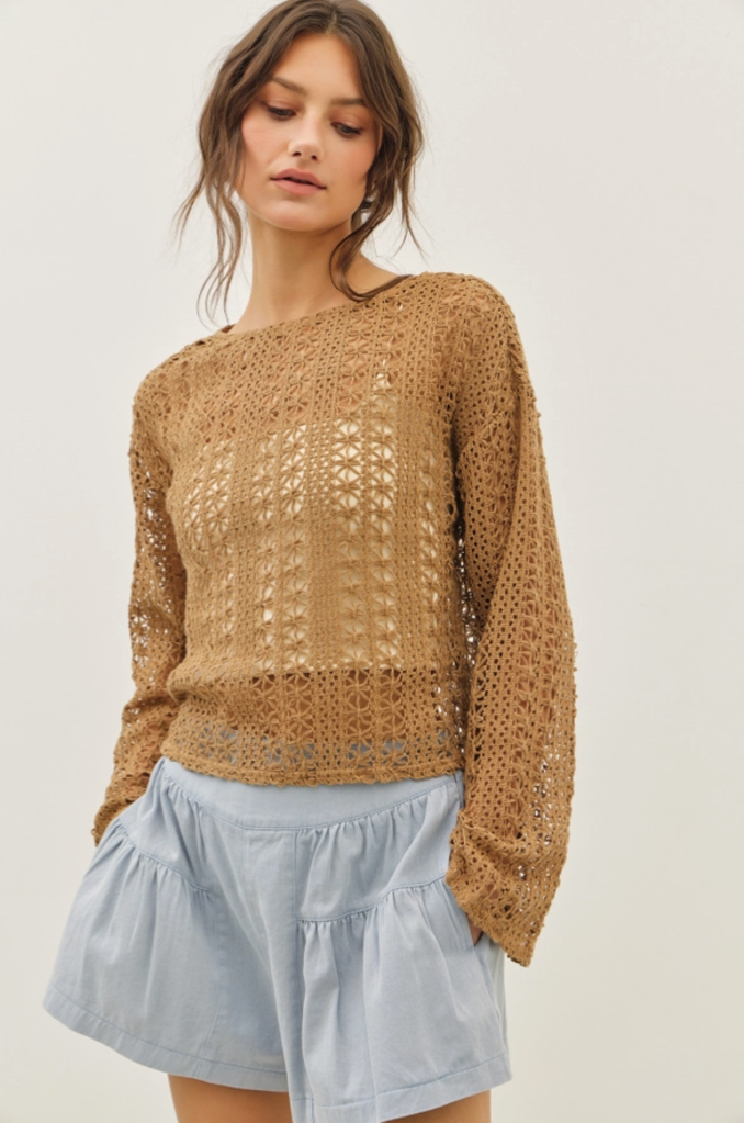 idem ditto Sheer Floral Crochet Top with Bell Sleeves