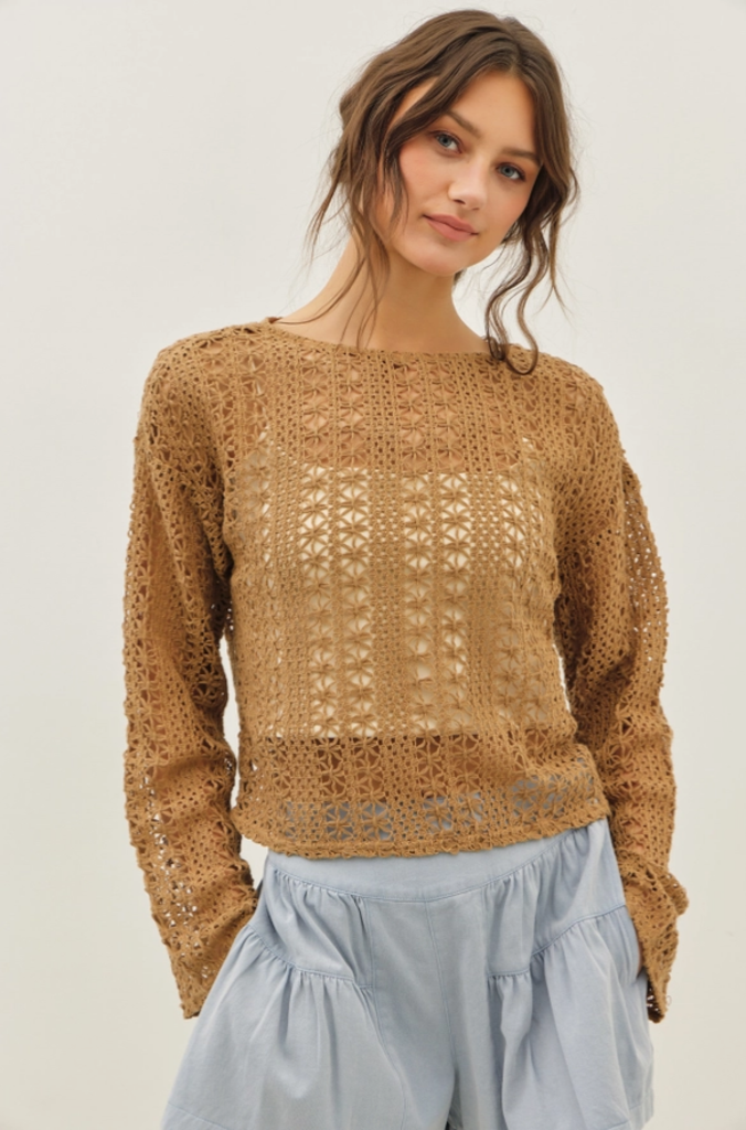 idem ditto Sheer Floral Crochet Top with Bell Sleeves