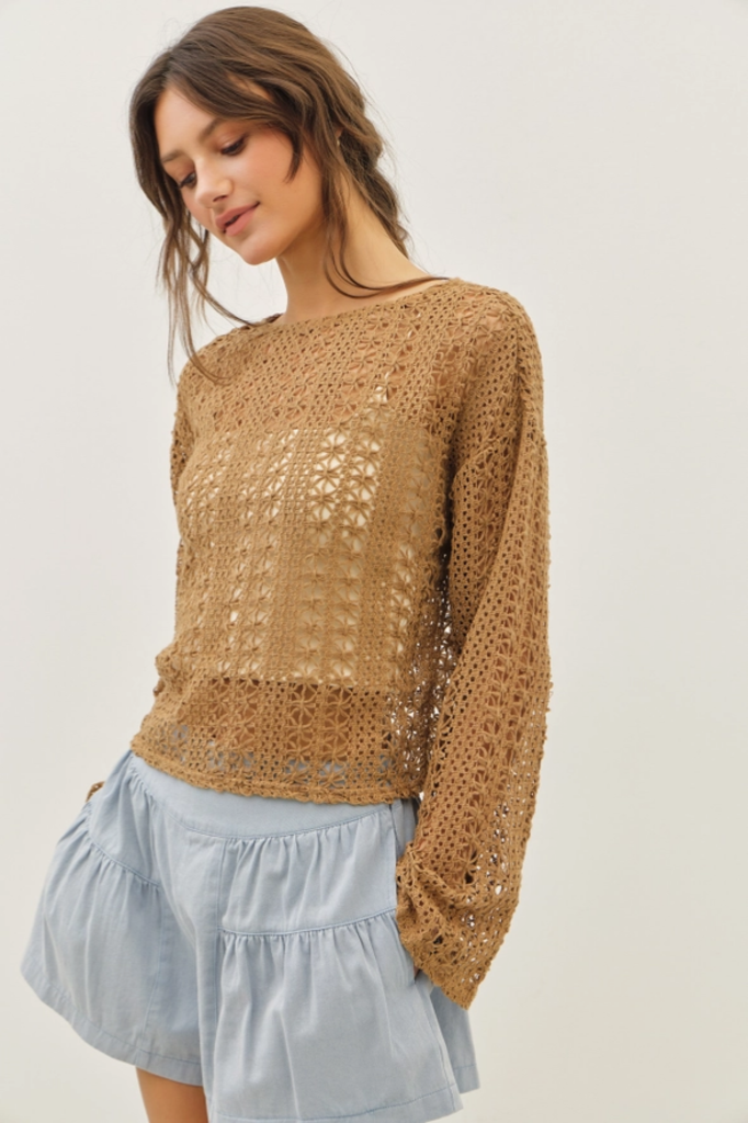 idem ditto Sheer Floral Crochet Top with Bell Sleeves