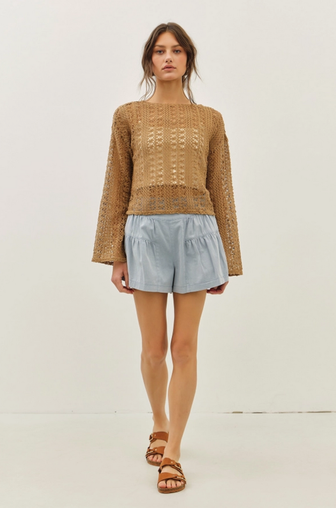 idem ditto Sheer Floral Crochet Top with Bell Sleeves