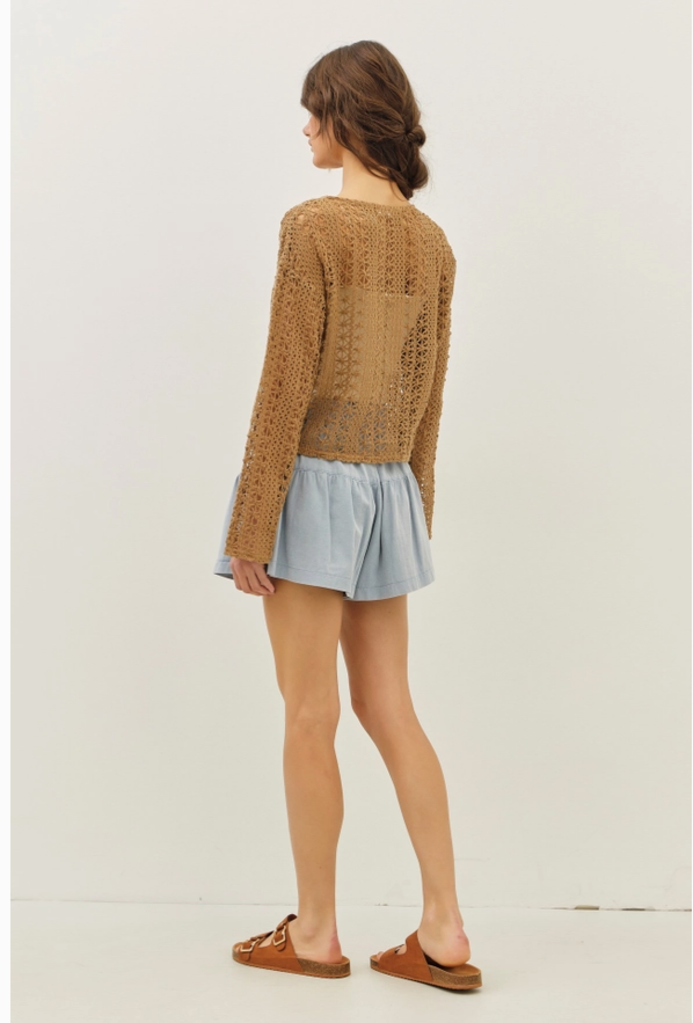 idem ditto Sheer Floral Crochet Top with Bell Sleeves