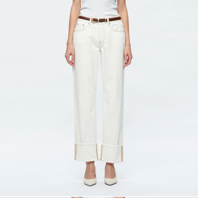 Bayeas Mid Rise Straight Jeans with Rolled Hem in Cream
