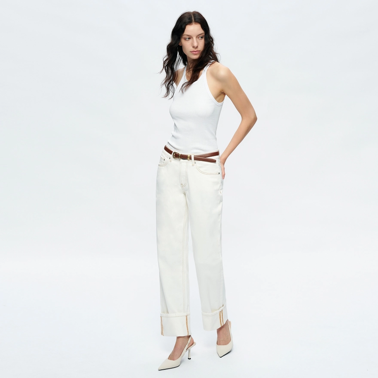 Bayeas Mid Rise Straight Jeans with Rolled Hem in Cream