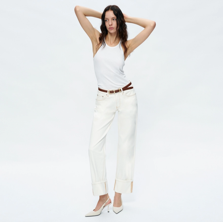 Bayeas Mid Rise Straight Jeans with Rolled Hem in Cream