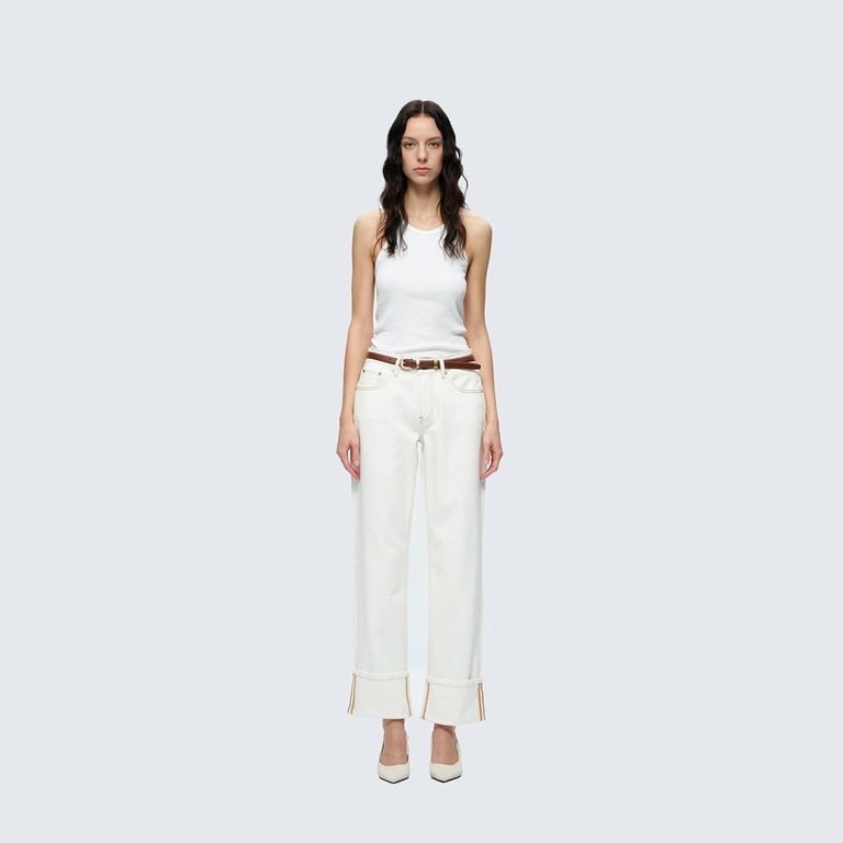 Bayeas Mid Rise Straight Jeans with Rolled Hem in Cream