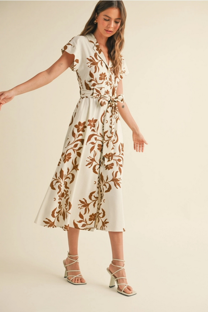 Miou Muse Floral Print Button Down Flare Dress
