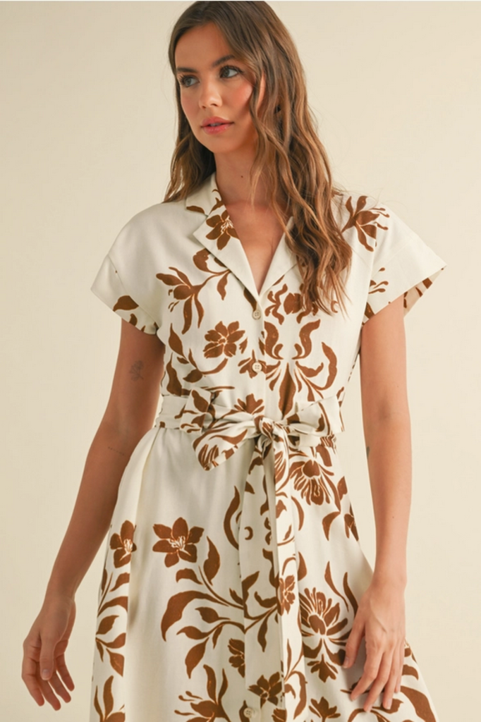 Miou Muse Floral Print Button Down Flare Dress