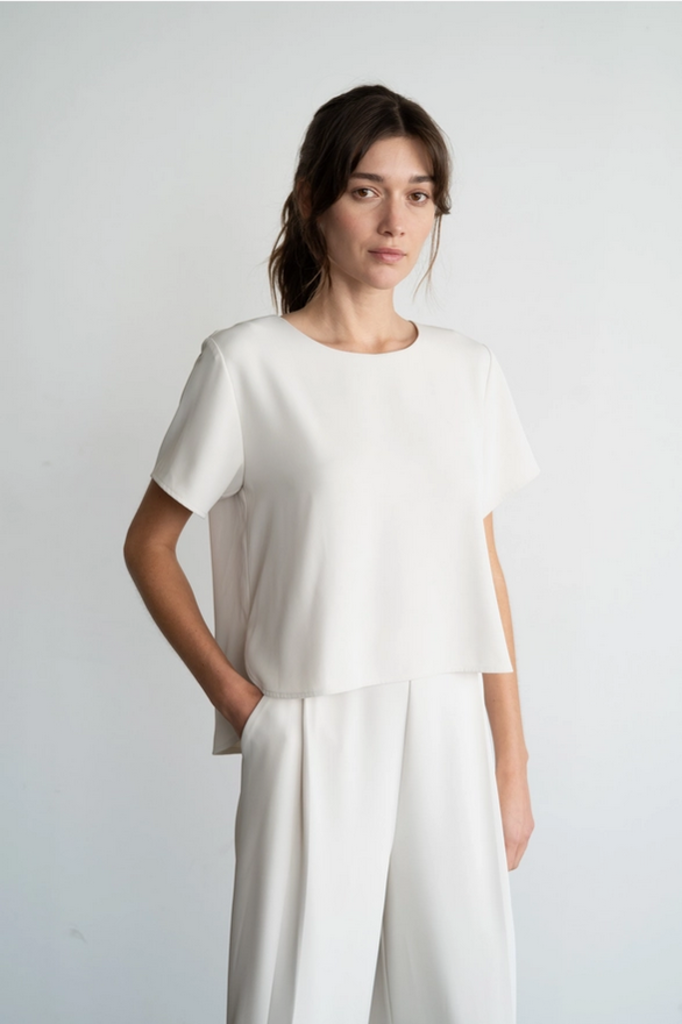 Elle Grey Classic Draped Crew Neck Blouse