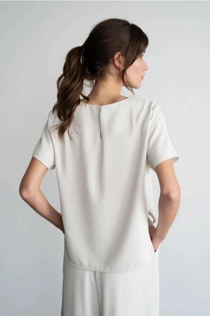Elle Grey Classic Draped Crew Neck Blouse