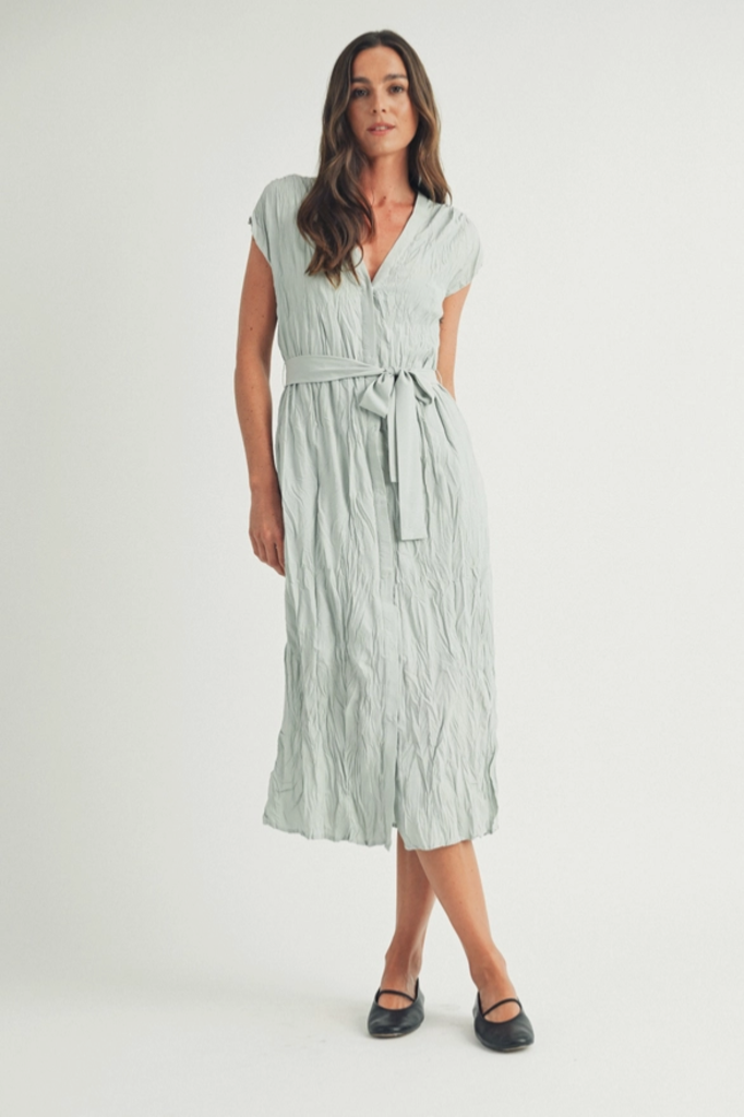 Elle Grey Crinkled Button-Up Belted Midi Dress