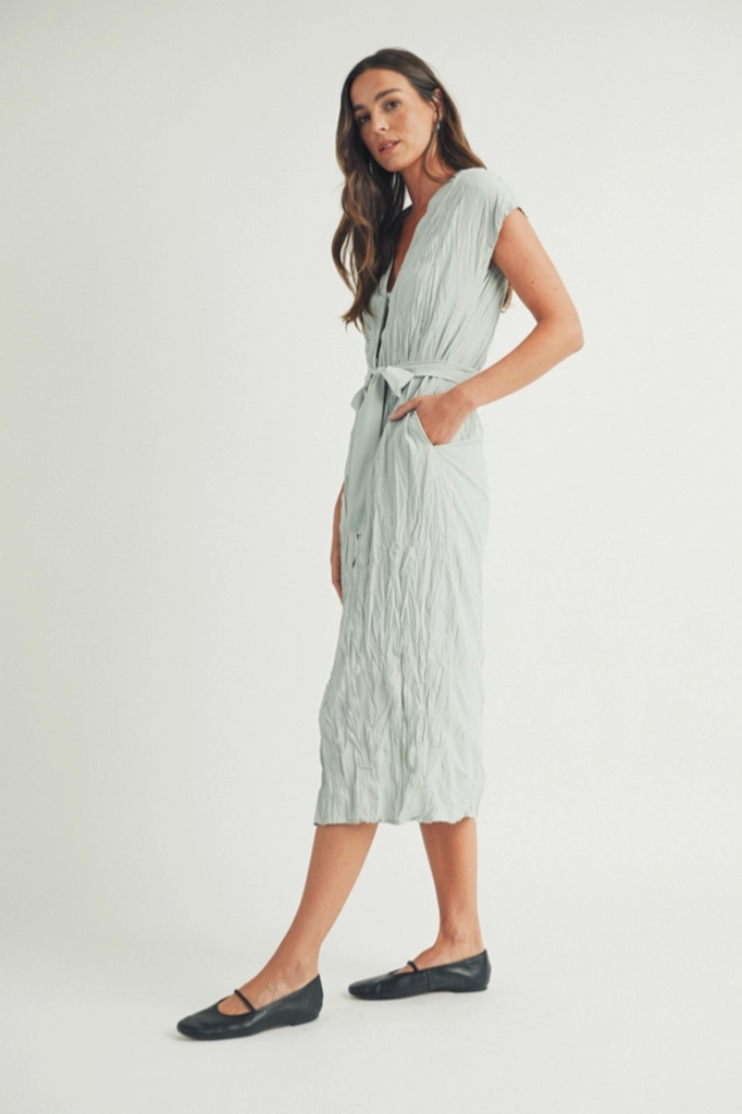 Elle Grey Crinkled Button-Up Belted Midi Dress