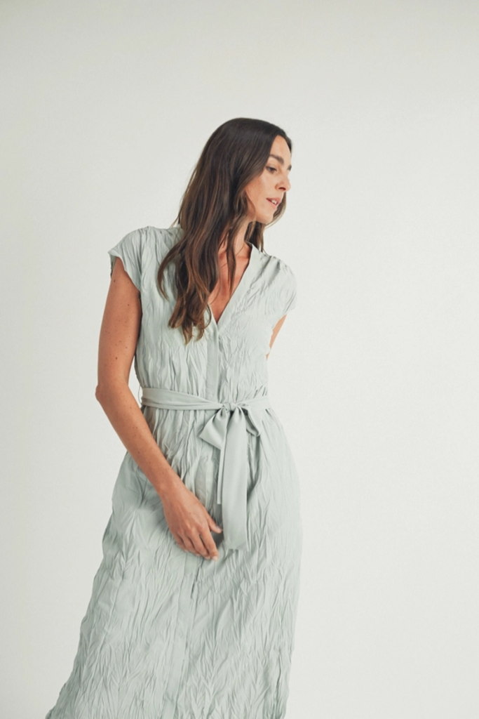 Elle Grey Crinkled Button-Up Belted Midi Dress