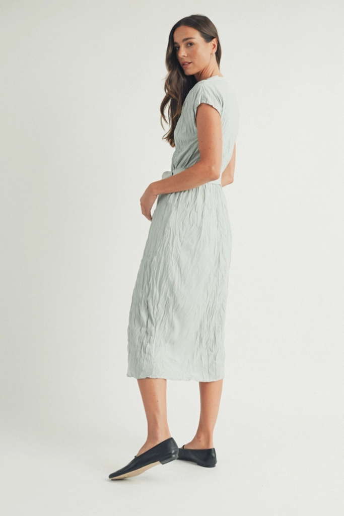 Elle Grey Crinkled Button-Up Belted Midi Dress