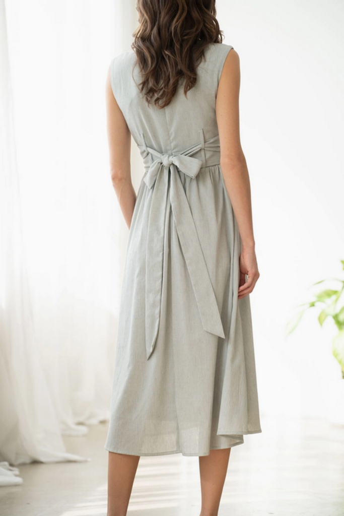 Elle Grey Fit & Flare Midi Dress with Back Bow