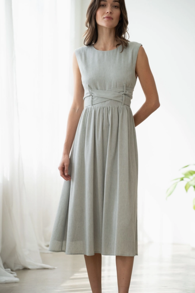 Elle Grey Fit & Flare Midi Dress with Back Bow