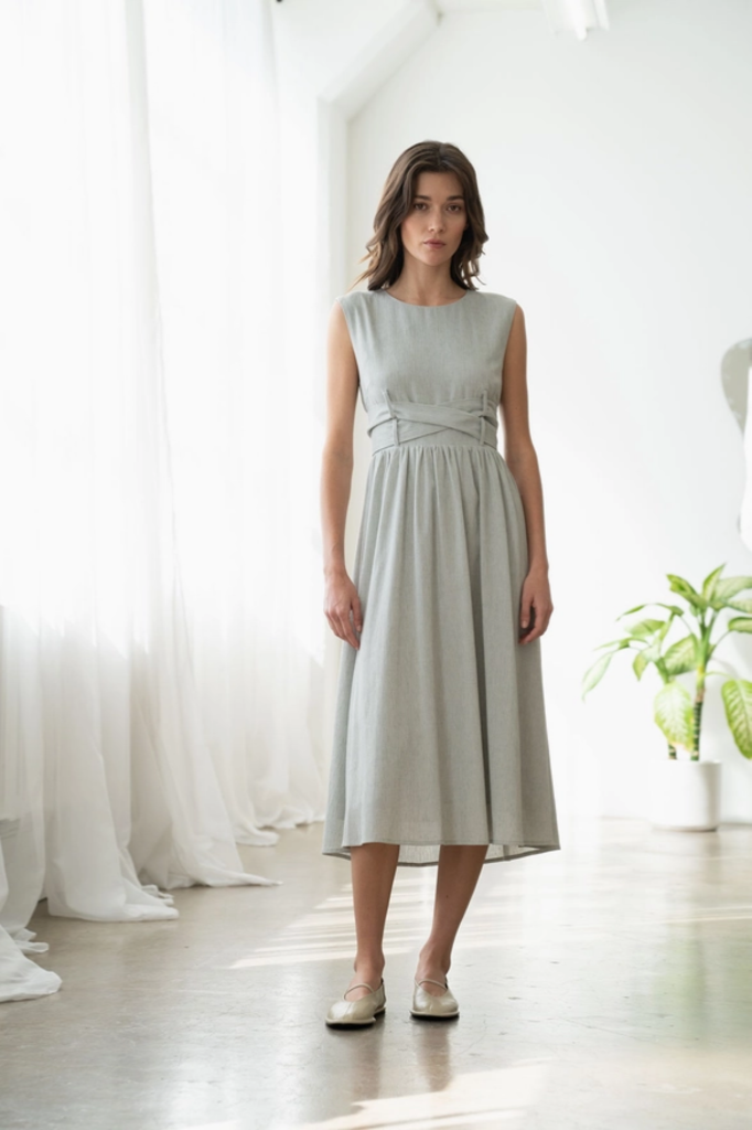 Elle Grey Fit & Flare Midi Dress with Back Bow