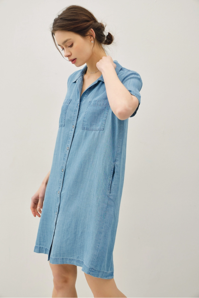 Be Cool Short Sleeve Button Up Tencel Dress