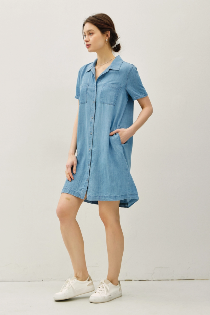 Be Cool Short Sleeve Button Up Tencel Dress