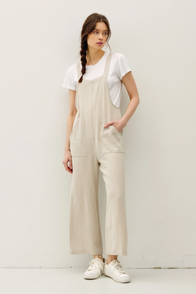 Be Cool Pinstripe Linen Overalls