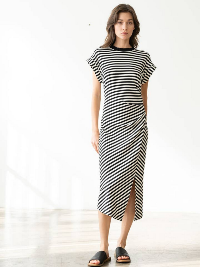 Elle Grey Striped Side Pleated Detailed Long Dress