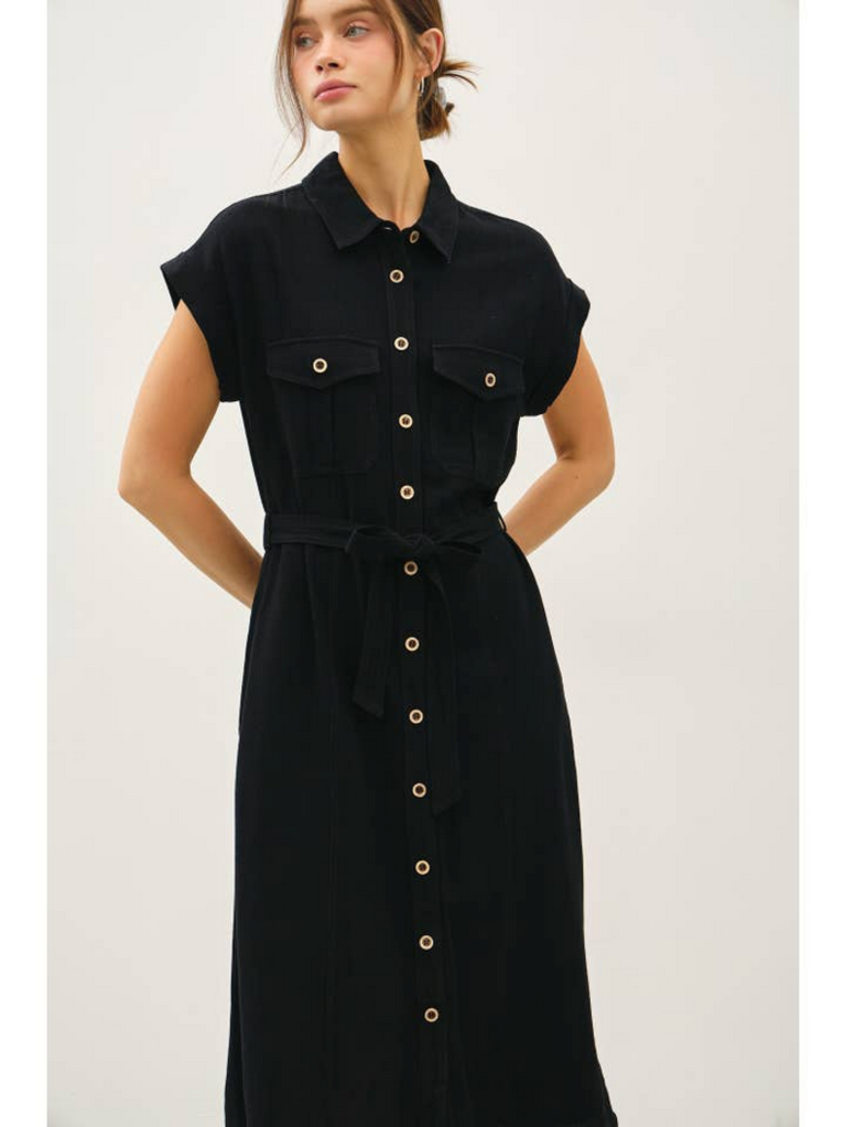 Be Cool Button Up Midi Dress w/ Utility Pockets