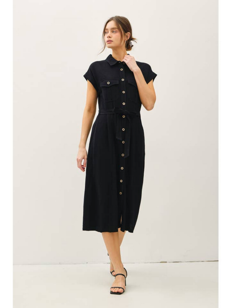 Be Cool Button Up Midi Dress w/ Utility Pockets