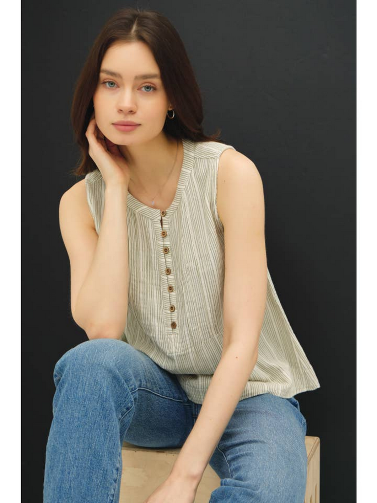 Be Cool Striped Cotton Gauze Button Up Tank