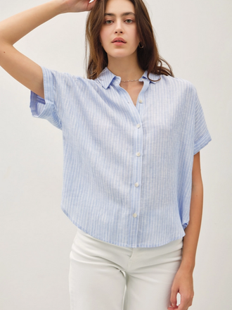 Be Cool Linen Blended Shoulder Shirring Stripe Top