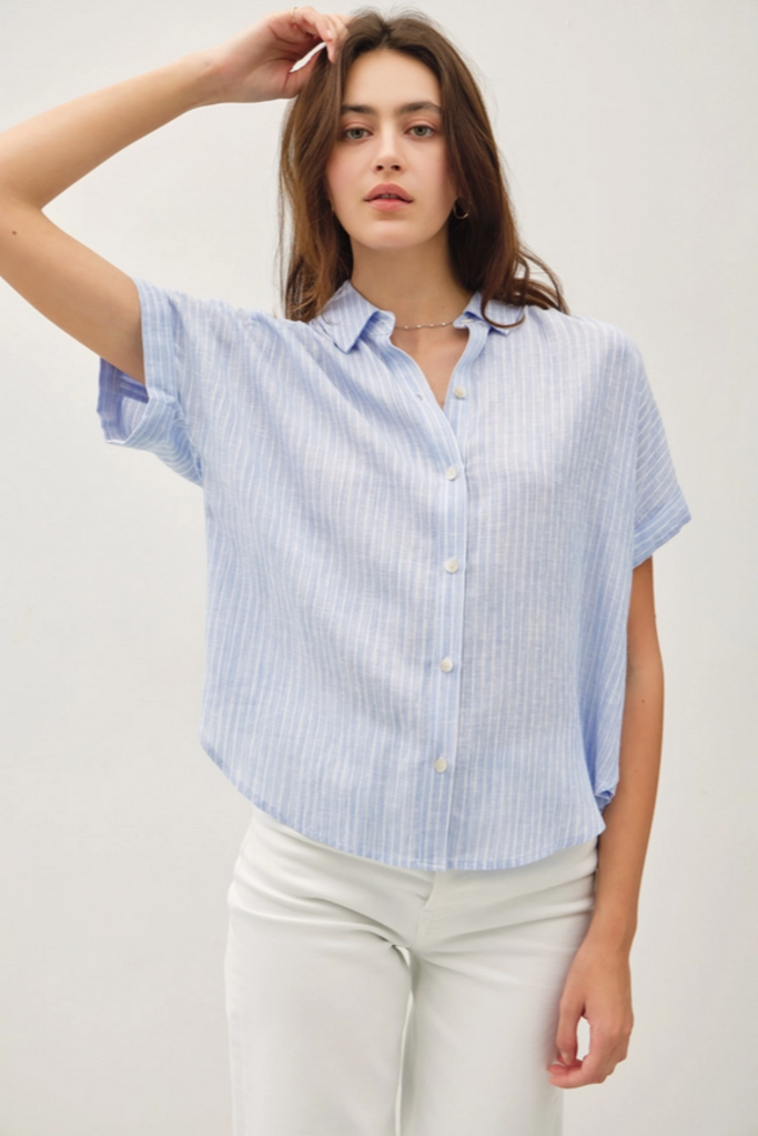 Be Cool Linen Blended Shoulder Shirring Stripe Top