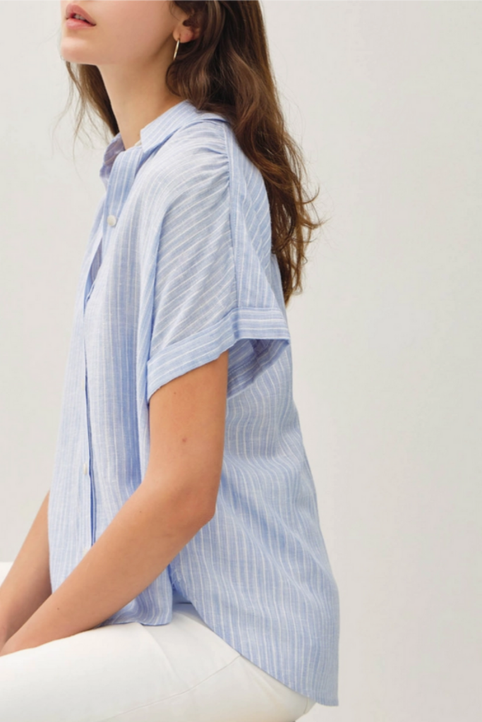 Be Cool Linen Blended Shoulder Shirring Stripe Top