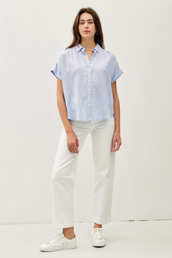 Be Cool Linen Blended Shoulder Shirring Stripe Top