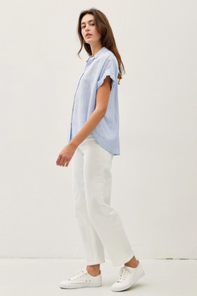 Be Cool Linen Blended Shoulder Shirring Stripe Top